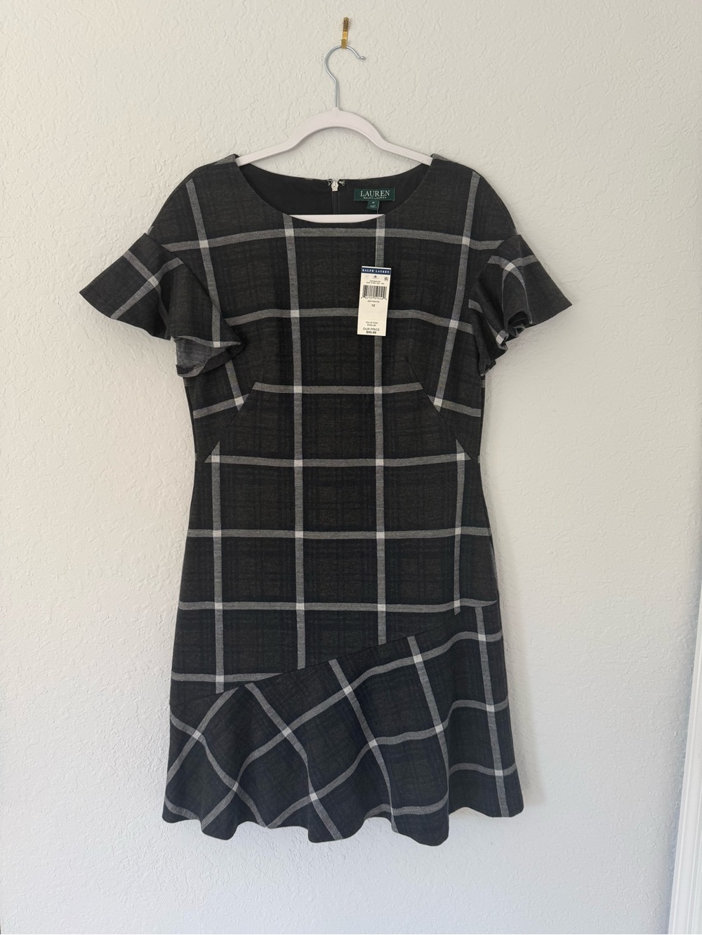 Lauren by Ralph Lauren Grey White Women Fit & Flare Flutter Sleeve Midi Dress 12